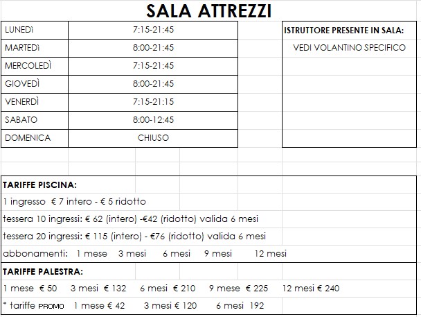 orari e tariffe sala attrezzi vi est estate 2023